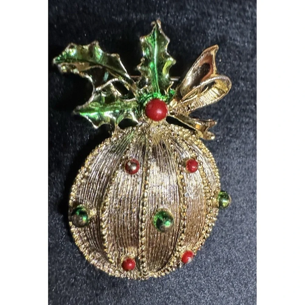 Vintage Gerry's Christmas Ornament Brooch Gold Tone Holiday Bauble Holly Bow Red